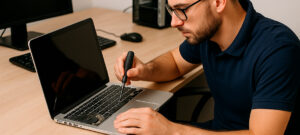 Hombre valorando un portátil usado en PC Renova