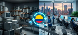Empresas Colombia renovación tecnológica, equipos antiguos vs. oficinas modernas, círculo de reciclaje con bandera de Colombia, PC Renova.