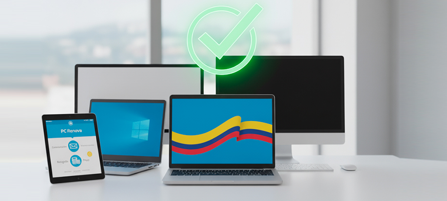 Vender un computador usado en Colombia. Ordenadores, portátiles y una caja con un tic de aprobación en la portada de un blog.