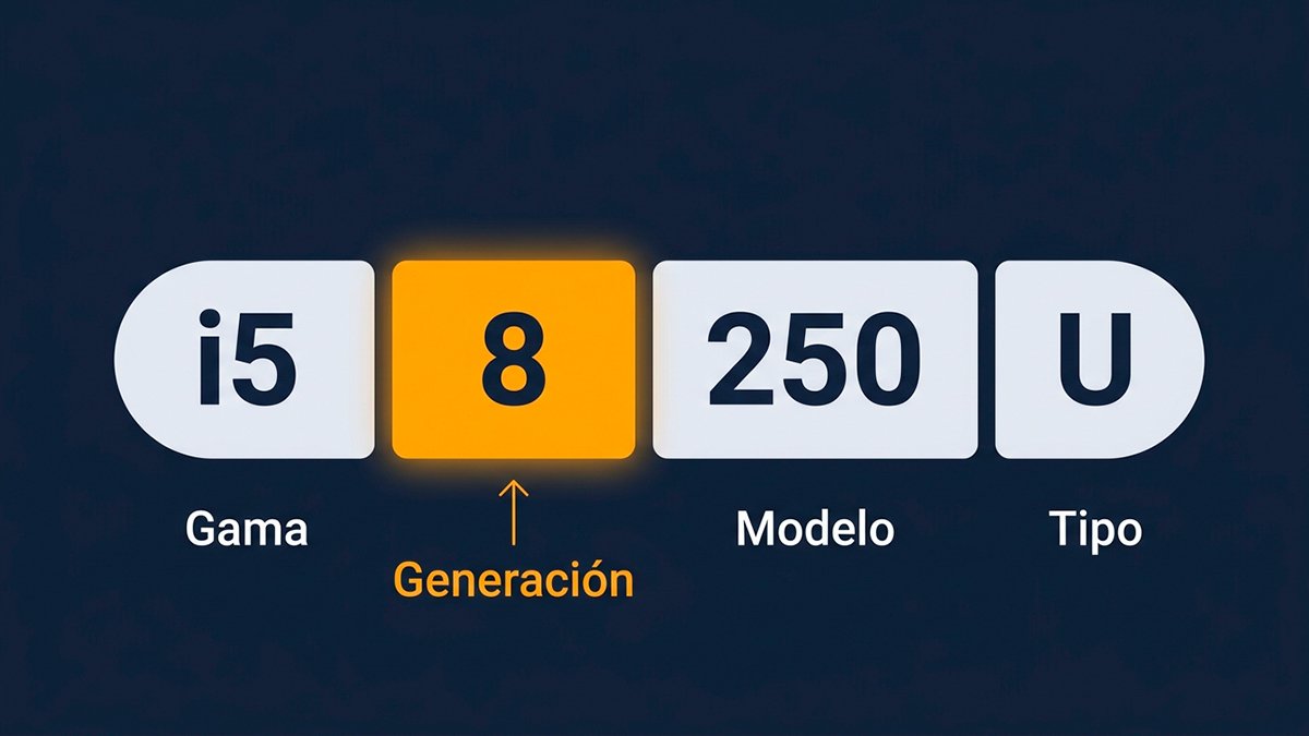 Esquema del nombre i5-8250U dividido en cuatro partes: gama, generación resaltada en ámbar, modelo y tipo