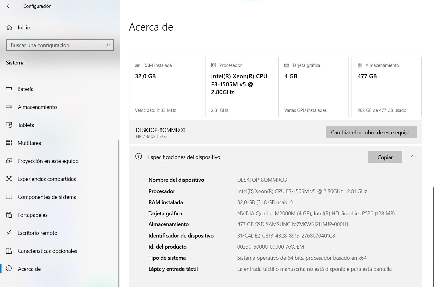 Pantalla de Configuración → Sistema → Acerca de en Windows, mostrando el procesador, la RAM y el modelo del equipo