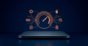 Portátil cerrado con un medidor de valoración iluminado en ámbar y seis iconos de procesador, RAM, disco, batería, antigüedad y gama, representando los factores que definen el precio de un computador usado