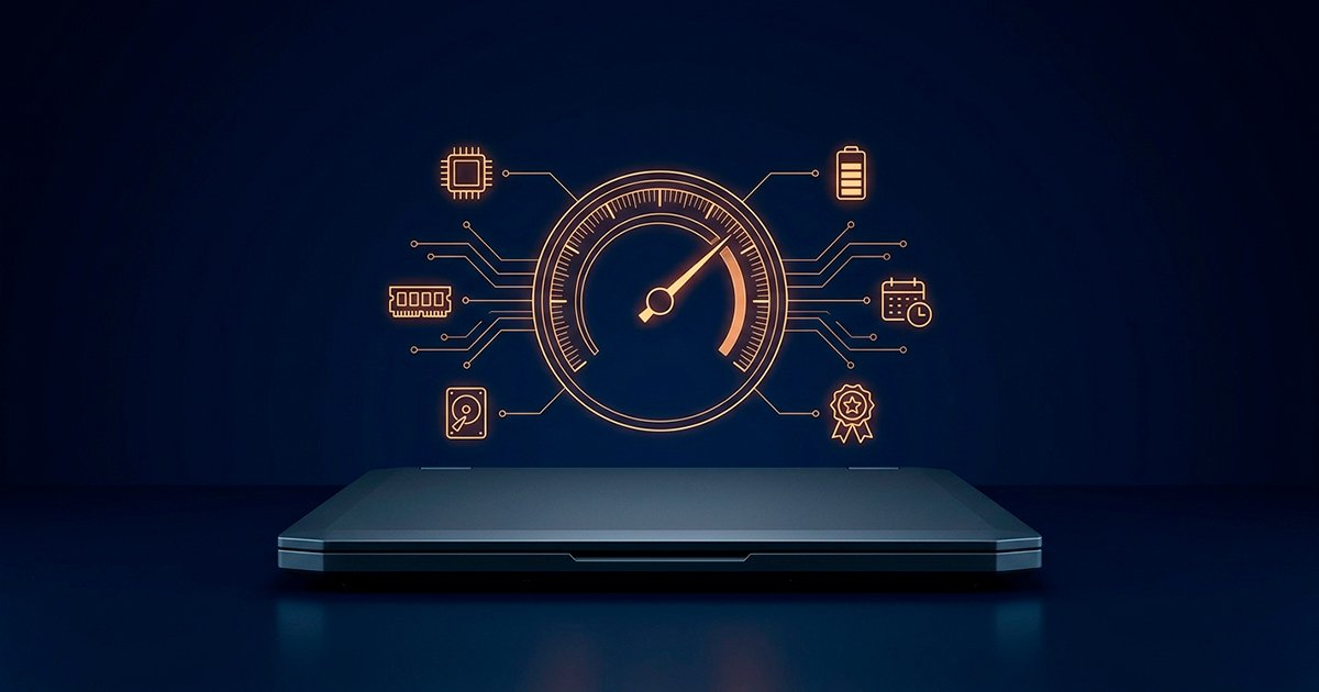 Portátil cerrado con un medidor de valoración iluminado en ámbar y seis iconos de procesador, RAM, disco, batería, antigüedad y gama, representando los factores que definen el precio de un computador usado