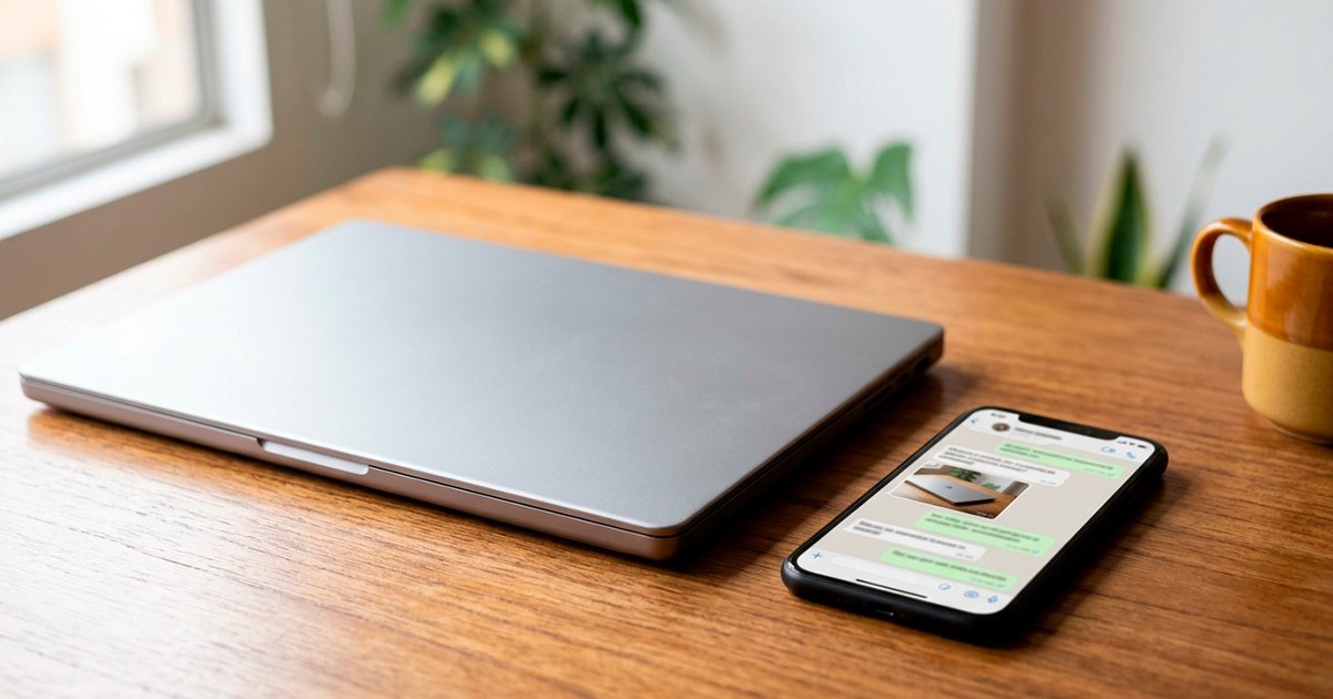 Portátil cerrado sobre una mesa de madera junto a un celular con una conversación de venta abierta en la pantalla