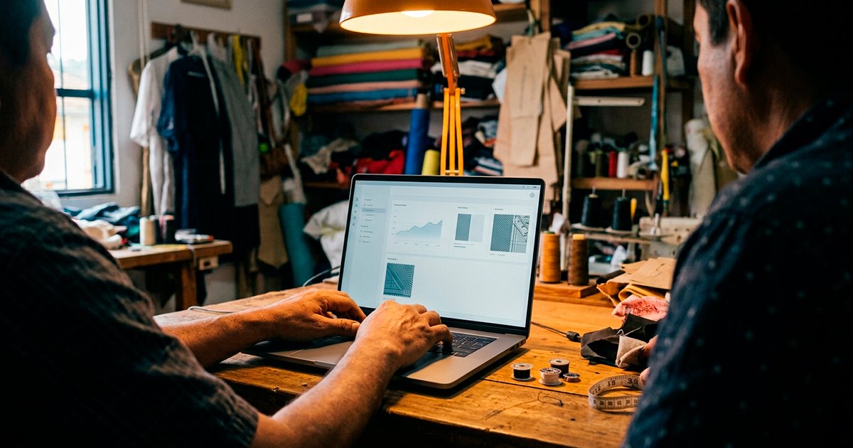 Dueño de un pequeño negocio colombiano usando un portátil reacondicionado en su taller, representando el acceso a tecnología accesible gracias a la economía local de equipos usados