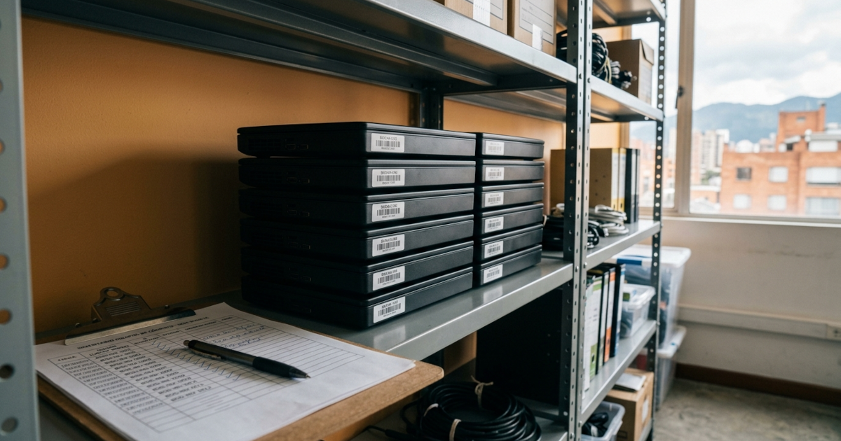Portátiles de oficina apilados en una estantería con etiquetas de inventario, junto a una lista de chequeo en un portapapeles.