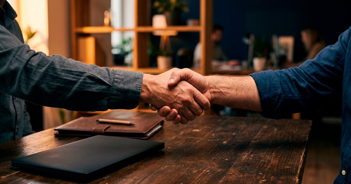 Apretón de manos formal sobre un escritorio de madera junto a un portátil cerrado, representando la confianza de vender tu equipo a una empresa establecida