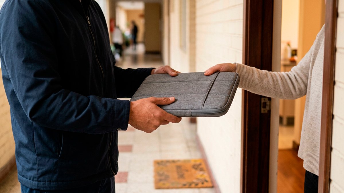 Mensajero recibiendo en la puerta de un apartamento un portátil guardado en un estuche acolchado