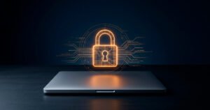 Portátil cerrado con un candado digital iluminado en ámbar flotando sobre la pantalla, simbolizando la protección de datos antes de vender un computador usado
