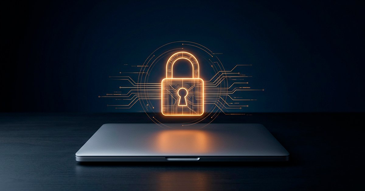Portátil cerrado con un candado digital iluminado en ámbar flotando sobre la pantalla, simbolizando la protección de datos antes de vender un computador usado