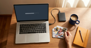 Portátil haciendo una copia de seguridad en un disco externo sobre un escritorio, junto a una mano que guarda fotos familiares impresas