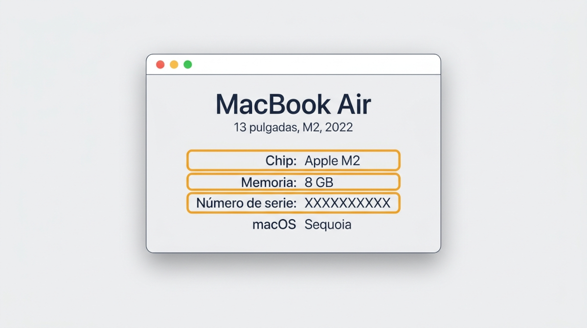 Ventana Acerca de este Mac con el nombre del modelo, el año, el chip, la memoria y el número de serie marcados con un recuadro ámbar