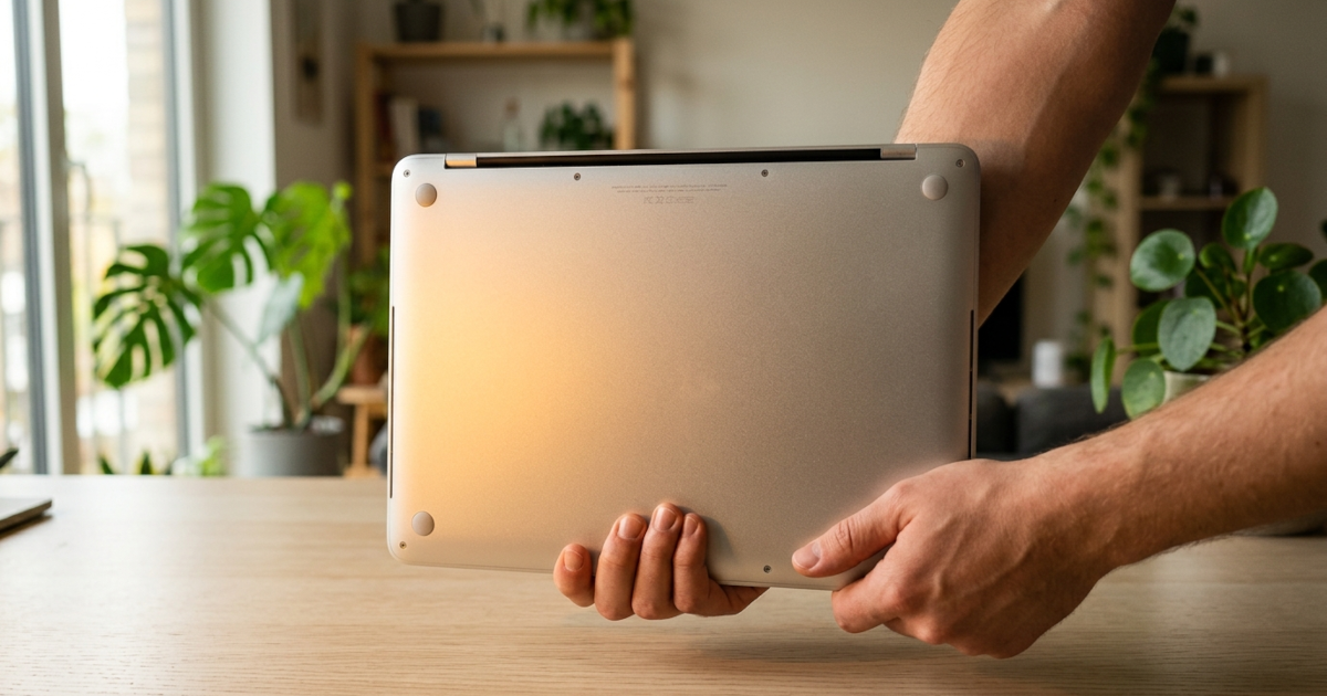 Manos dando la vuelta a un MacBook para ver el número de modelo grabado en la tapa inferior