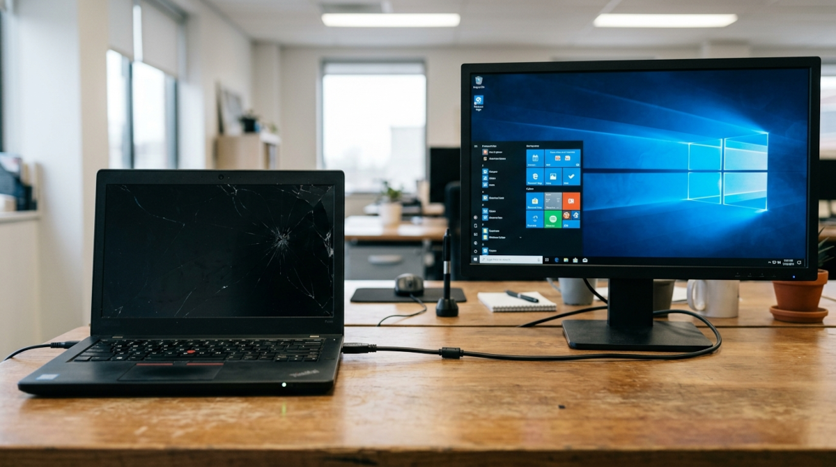 Portátil con la pantalla partida conectado por HDMI a un monitor externo que muestra el escritorio de Windows