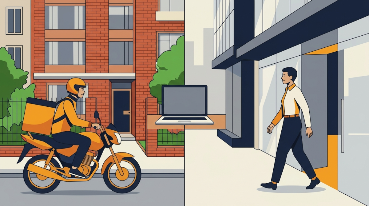 Ilustración de dos caminos para entregar un computador usado en Bogotá: recogida en casa con mensajero o entrega en una oficina